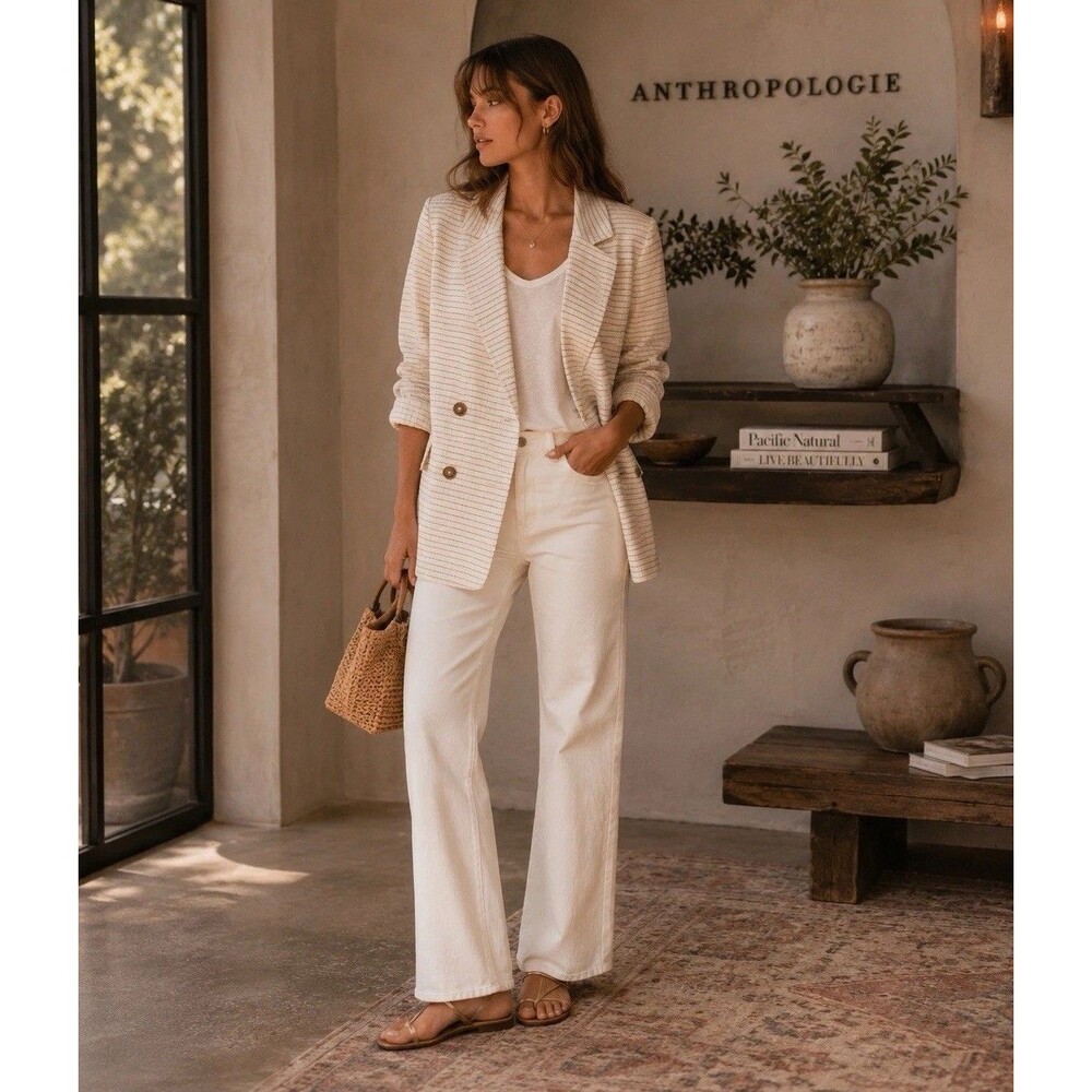 ANTHROPOLOGIE Cartonnier Women’s Double Breasted Pinstripe Blazer Jacket MEDIUM - Picture 3 of 16
